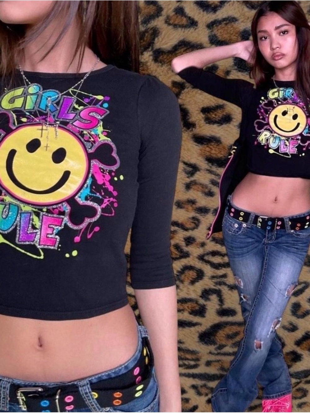 Girls Rule Black Graphic Crop Top - Cute Smiley Print
